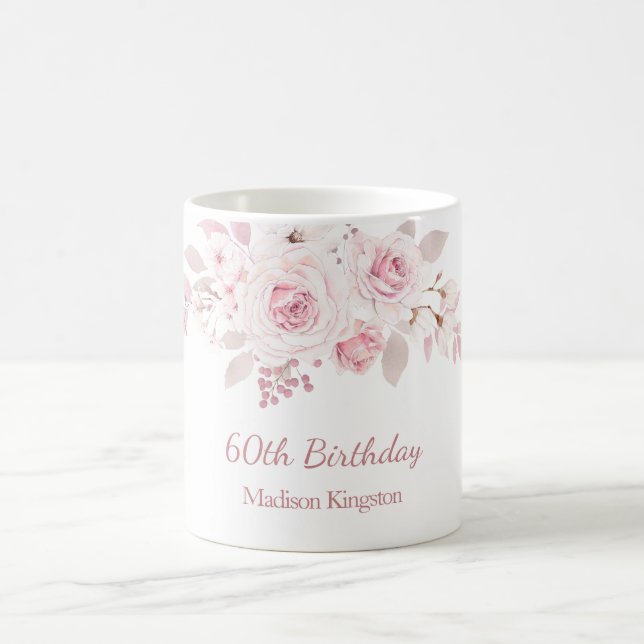 Gentle Blush Pink Floral 60th Birthday Party Gift Coffee Mug (Center)