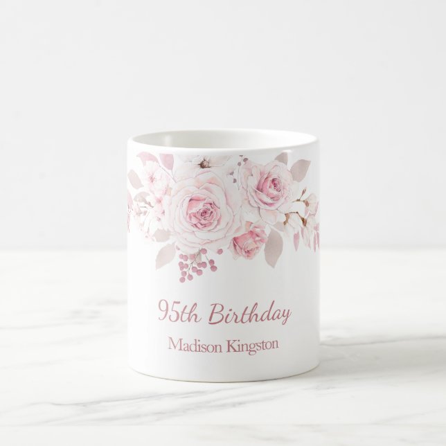 Gentle Blush Pink Floral 95th Birthday Party Gift Coffee Mug (Center)