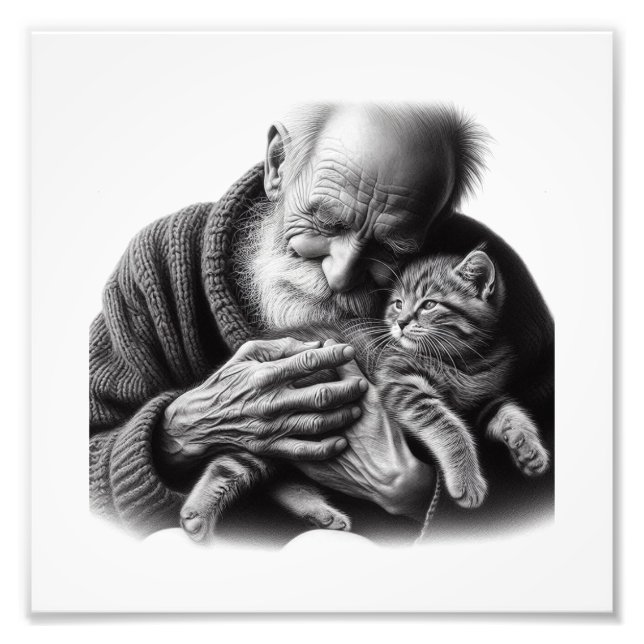 Gentle Bond: Elderly Man Embracing Kitten Wall Art (Front)