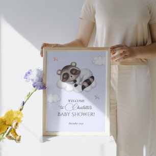 Gentle Boy Raccoon Blue Baby Shower Welcome Poster