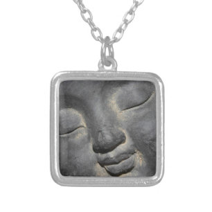 Gentle Buddha Face Stone Sculpture Silver Plated Necklace
