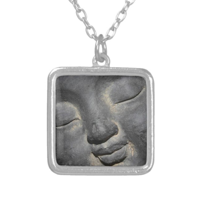 Gentle Buddha Face Stone Sculpture Silver Plated Necklace (Front)