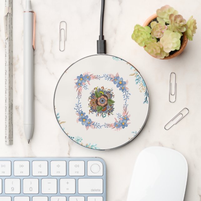 Gentle Calm – Teal Watercolor Floral Art Wireless Charger (Desk)