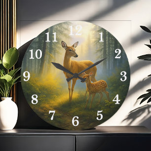Gentle deer duo in sunlit forest large clock