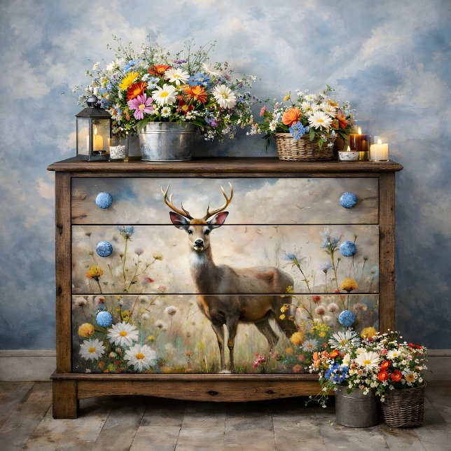 Gentle Deer in Wildflower Meadow Decoupage Tissue Paper (Gentle Deer in Wildflower Meadow Decoupage Tissue Paper)