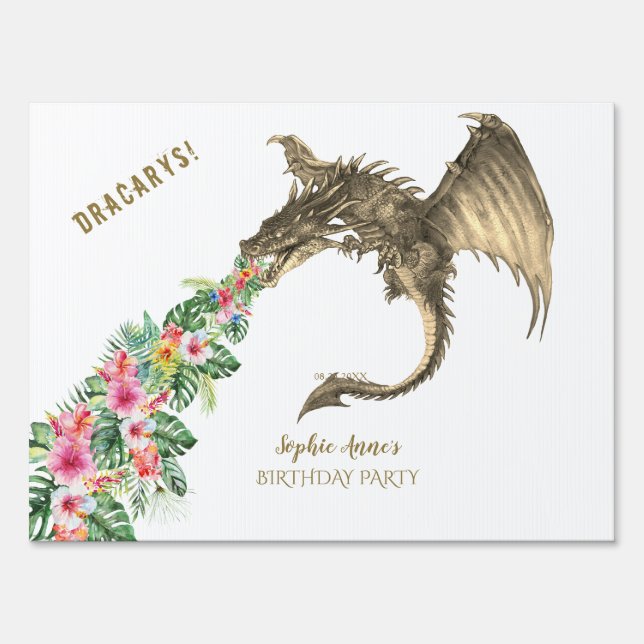 Gentle Dragon Tropical Floral Birthday Sign (Front)