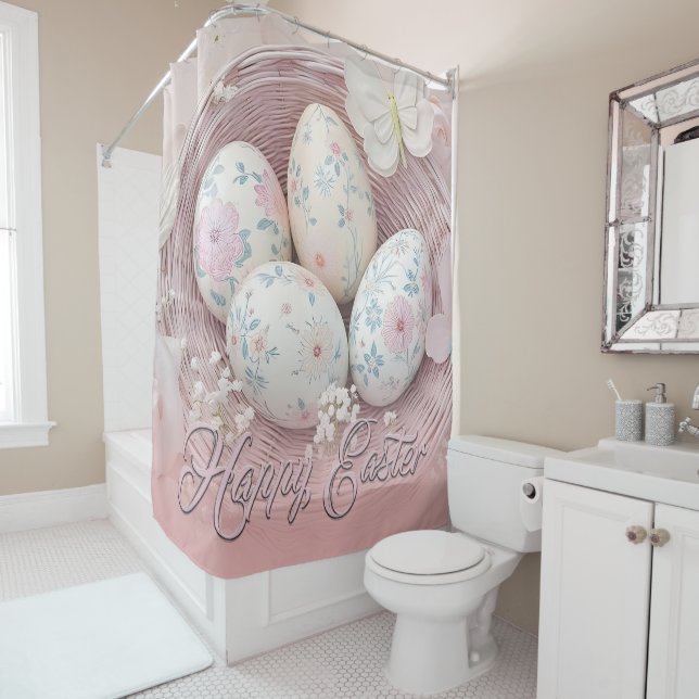 Gentle Easter Joy with Floral Motif Shower Curtain (In Situ)