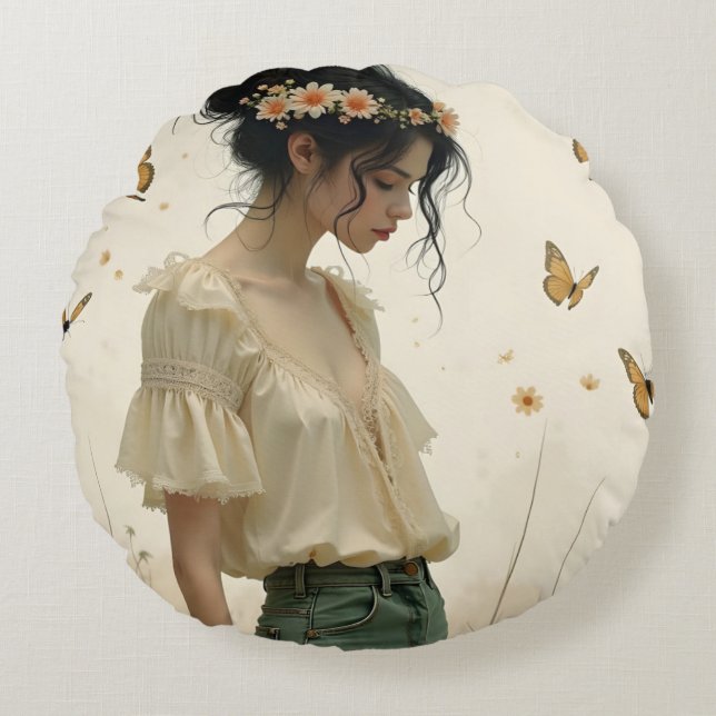 Gentle Elegance in a Butterfly Dance Round Pillow (Front)