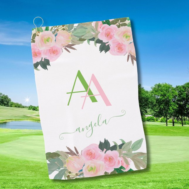 Gentle Elegant Pink Flowers Custom Monogram  Golf Towel (Creator Uploaded)