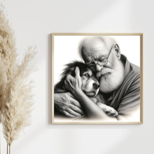 Gentle Embrace Elderly Man with Border Collie Photo Print