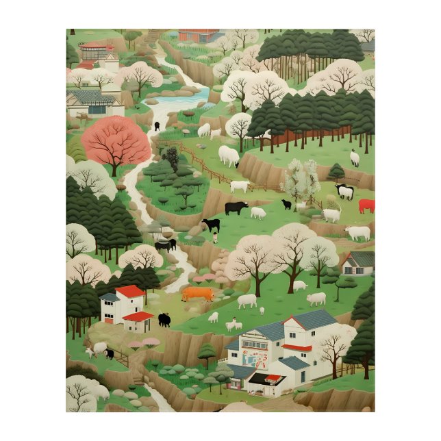 Gentle Farming Hills Houses and Animals AI Artwork Acrylic Print (Front)