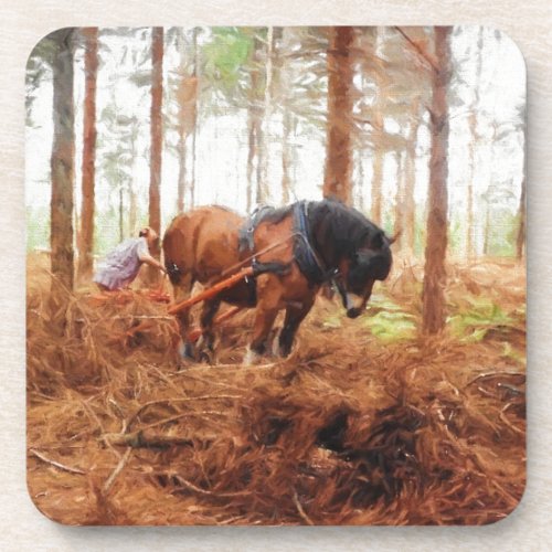 Gentle Giant _ Draft Horse Hauling Logs in Forest Beverage Coaster