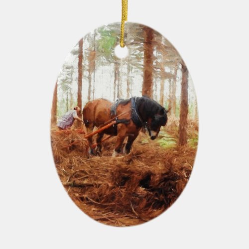 Gentle Giant _ Draft Horse Hauling Logs in Forest Ceramic Ornament