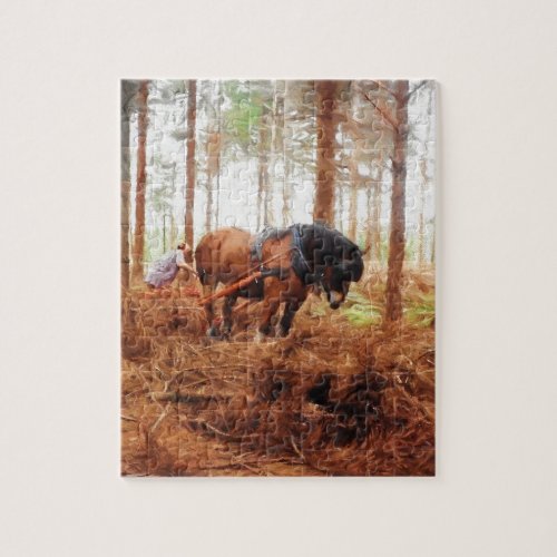 Gentle Giant _ Draft Horse Hauling Logs in Forest Jigsaw Puzzle