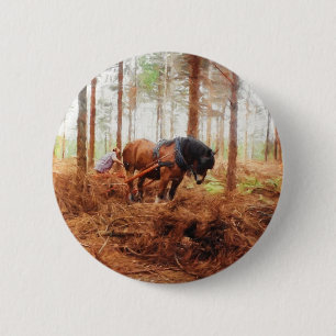 Gentle Giant - Draft Horse Hauling Logs in Forest Pinback Button