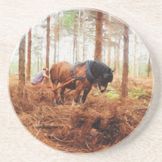 Gentle Giant - Draft Horse Hauling Logs in Forest Sandstone Coaster