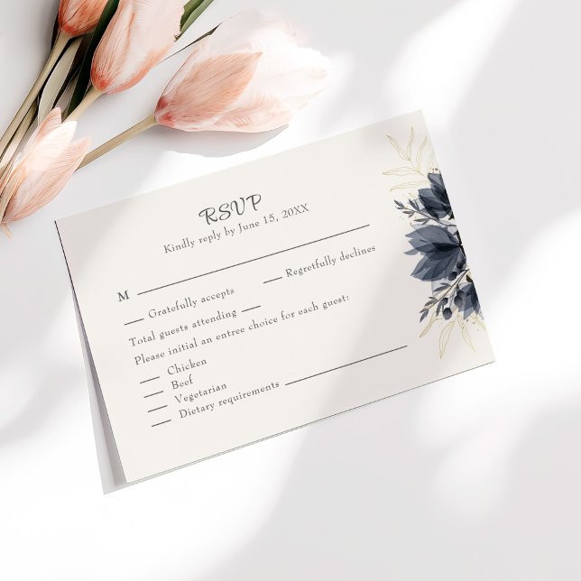 Gentle Gray Flowers Wedding RSVP Card with Menu (Gentle Gray Flowers Wedding RSVP Card with Menu on a sunny table with pale pink flowers.)