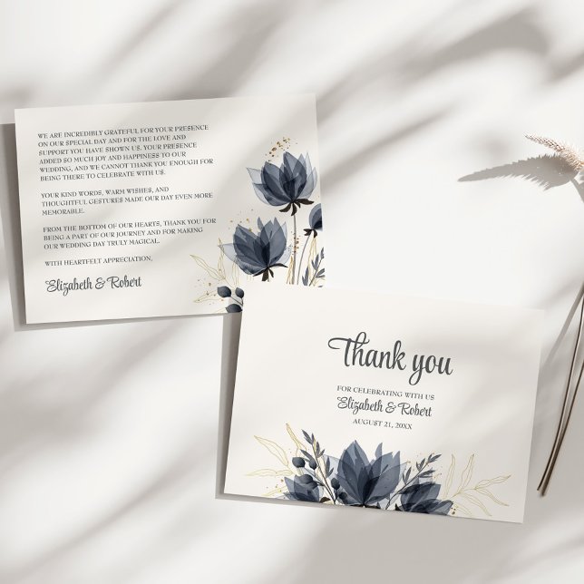 Gentle Gray Flowers Wedding Thank You Card (Gentle Gray Flowers Wedding Thank You Card on a sunny white table.)