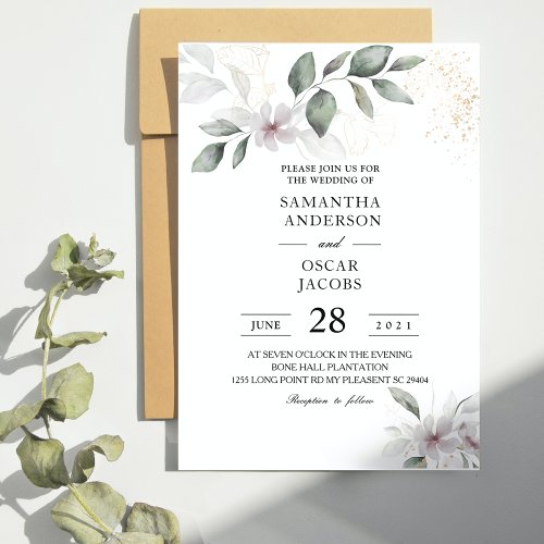  Gentle Greenery Watercolor Leaf  Flower  Gold Invitation