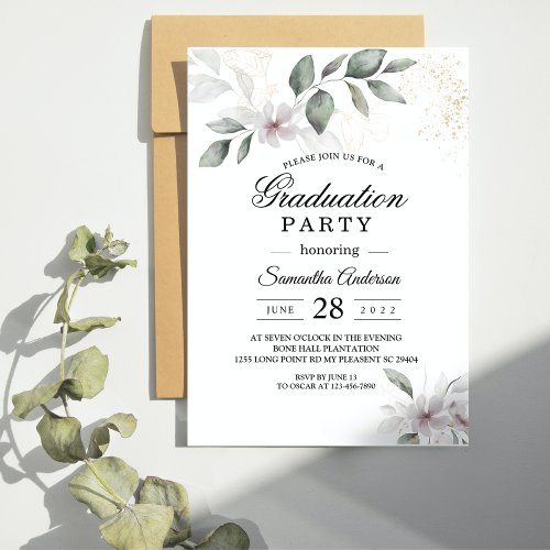  Gentle Greenery Watercolor Leaf  Flower  Gold Invitation