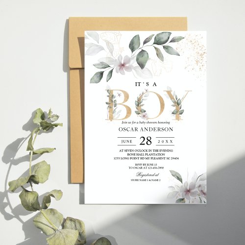  Gentle Greenery Watercolor Leaf  Flower  Gold Invitation