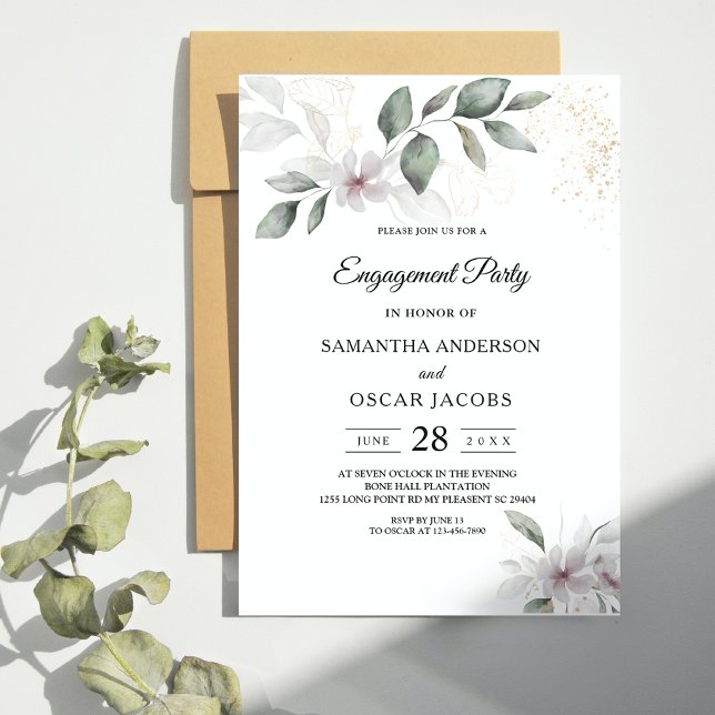  Gentle Greenery Watercolor Leaf & Flower | Gold Invitation (Creator Uploaded)
