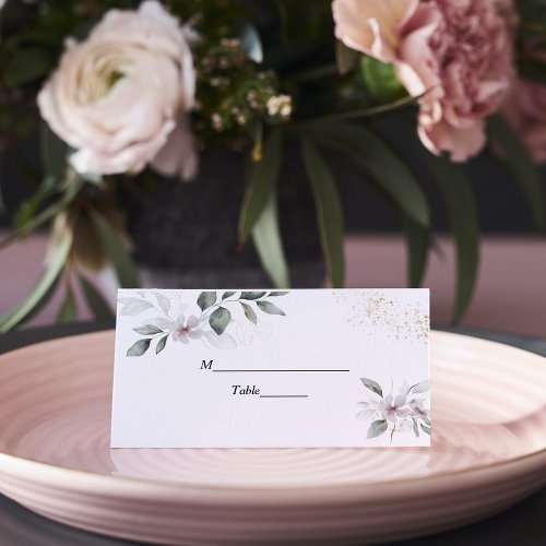  Gentle Greenery Watercolor Leaf  Flower  Gold Place Card