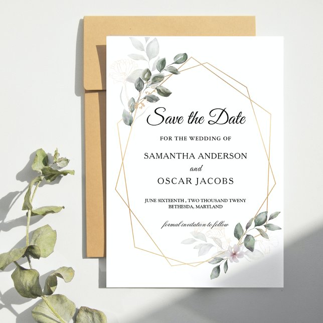  Gentle Greenery Watercolor Leaf Frame & Flower Save The Date (Creator Uploaded)