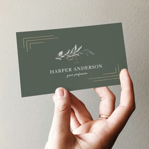  Gentle Greenery Watercolor Leaf  Gold Frame Business Card