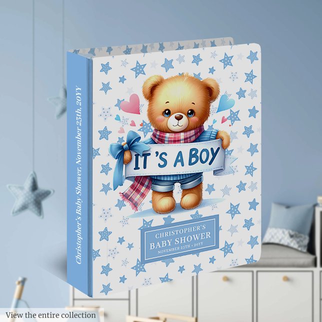 Gentle It’s a boy memory binder for baby shower (Personalized teddy bear baby shower guest book binder for memories.)