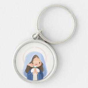 Gentle Kawaii Virgin Mary with Flower – White Keychain