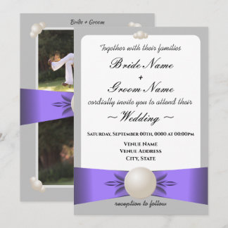 Gentle Lavender & Grey Pearl Ribbon Photo Wedding Invitation