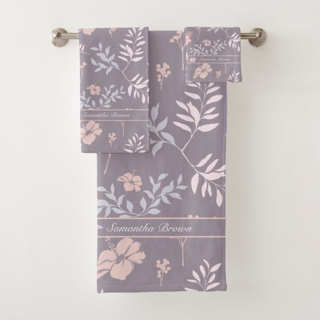 Gentle Lavender & Pink Floral Pattern Personalized Bath Towel Set (Insitu)
