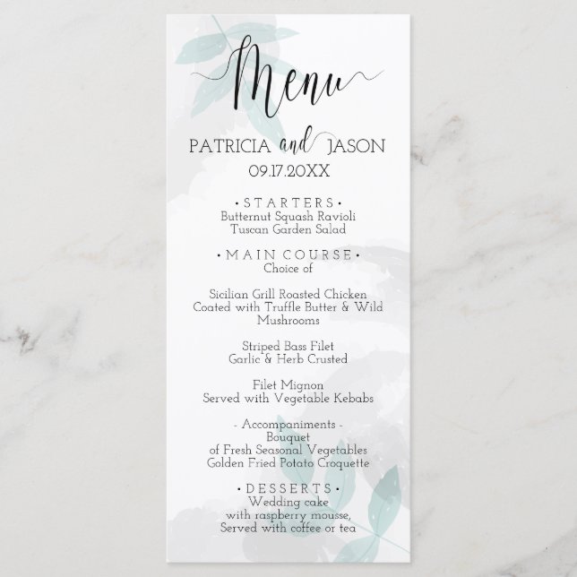 Gentle mint and gray Wedding Dinner Menu (Front)