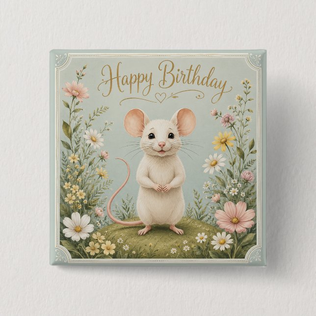 Gentle Mouse Garden Birthday Button (Front)
