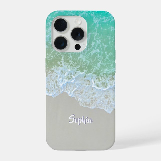Gentle Ocean Waves, Beach Sand, Script Name iPhone Case (Back)