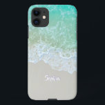 Gentle Ocean Waves, Beach Sand, Script Name iPhone 11 Case<br><div class="desc">Personalize your Name in white script text on a serene beach scene with Gentle Ocean Waves.</div>