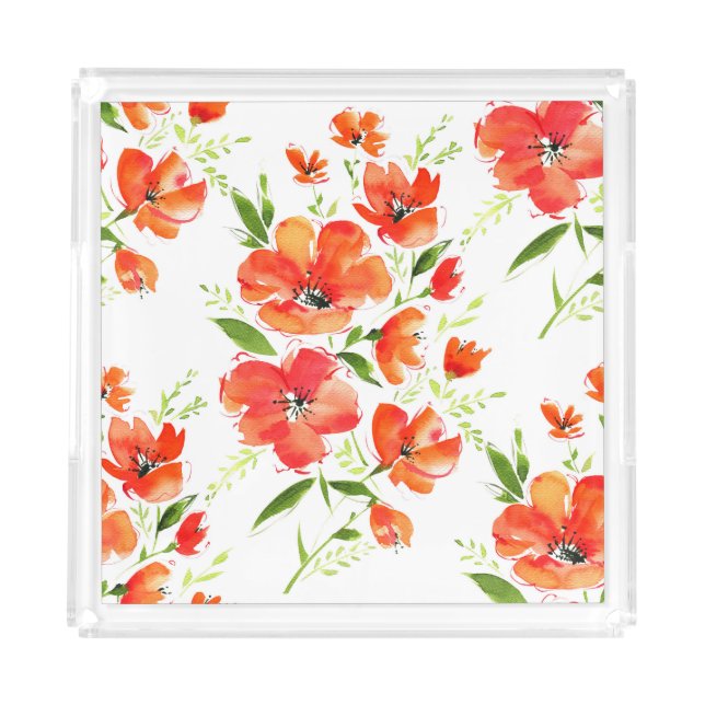 Gentle Orange Poppies Watercolor Pattern Acrylic Tray (Front)