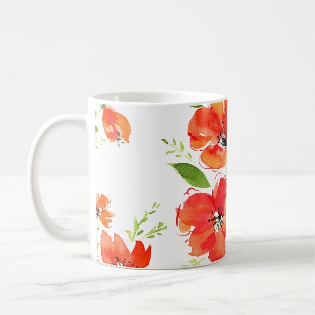 Gentle Orange Poppies Watercolor Pattern Coffee Mug (Left)