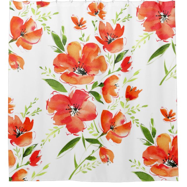 Gentle Orange Poppies Watercolor Pattern Shower Curtain (Front)