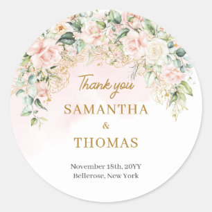 Gentle pale pink roses eucalyptus and gold wedding classic round sticker