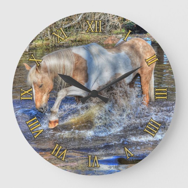 Gentle Palomino Pinto Stallion Playing in Pond Large Clock (Front)