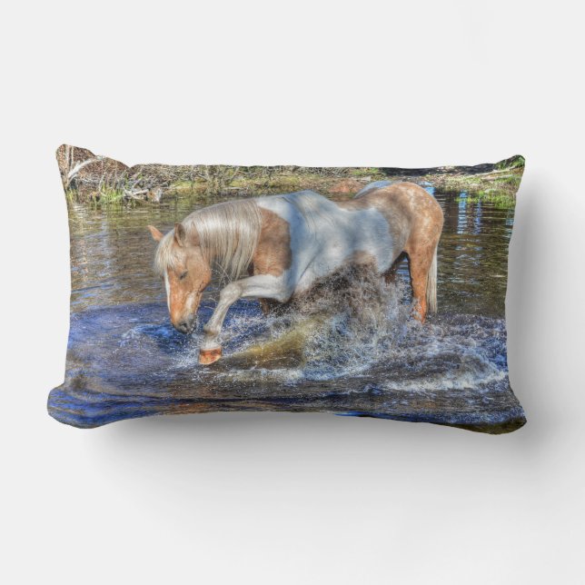 Gentle Palomino Pinto Stallion Playing in Pond Lumbar Pillow (Front)