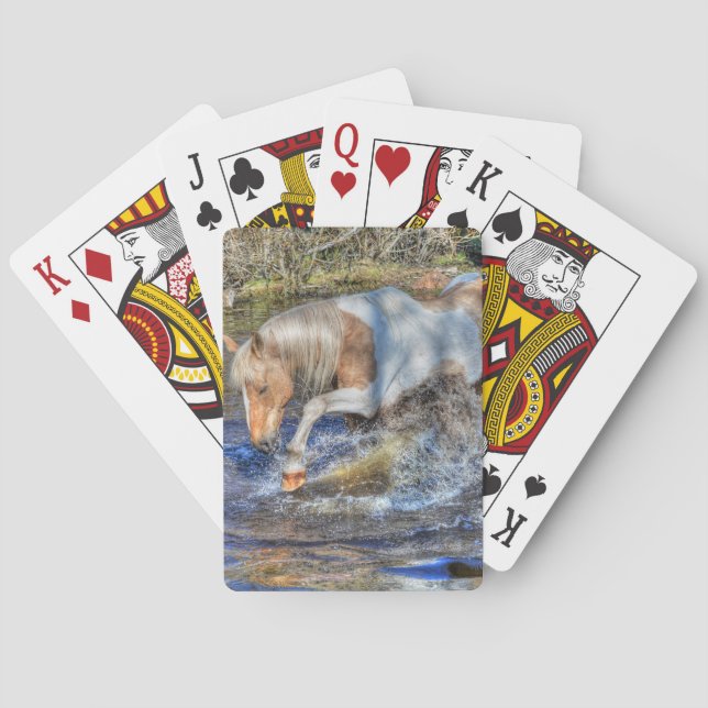 Gentle Palomino Pinto Stallion Playing in Pond Poker Cards (Back)