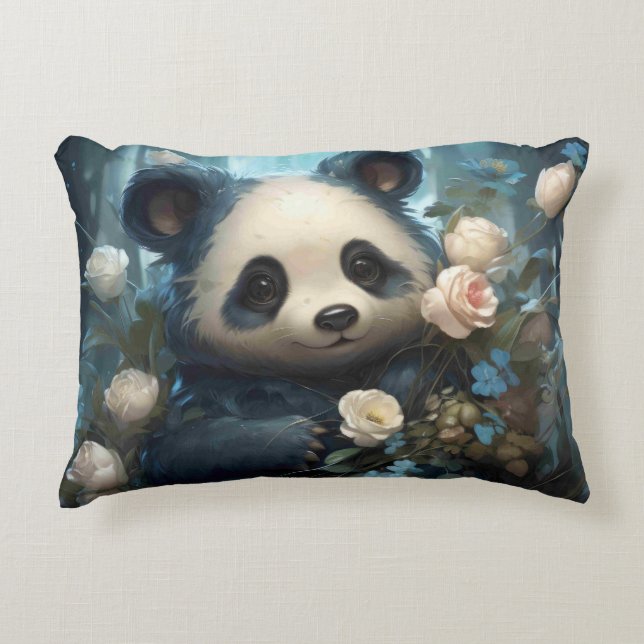 Gentle Panda Bear Among Jungle Roses Accent Pillow (Front)