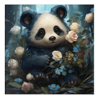 Gentle Panda Bear Among Jungle Roses Acrylic Print