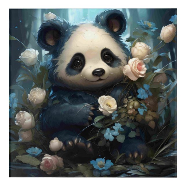 Gentle Panda Bear Among Jungle Roses Acrylic Print (Front)
