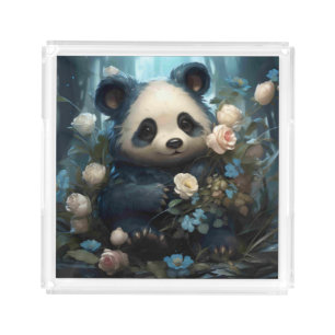 Gentle Panda Bear Among Jungle Roses Acrylic Tray