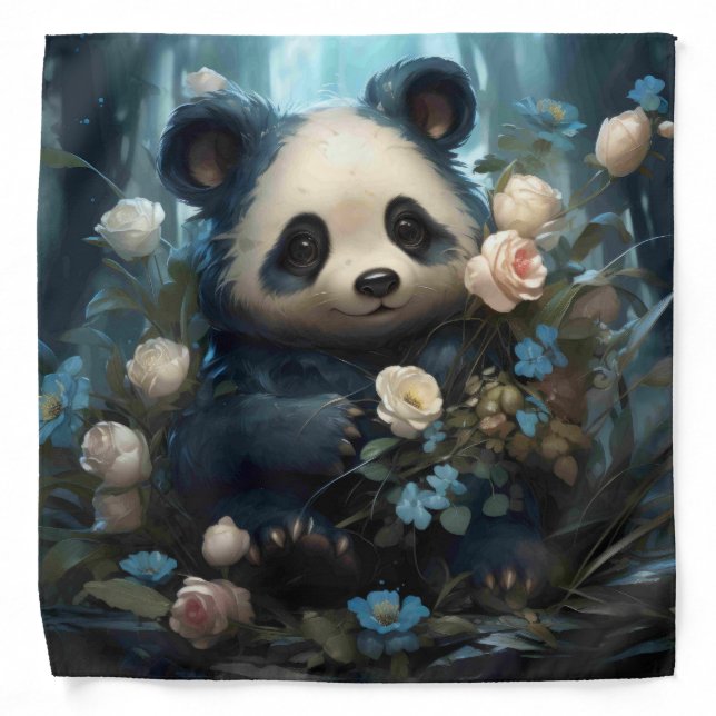 Gentle Panda Bear Among Jungle Roses Bandana (Front)