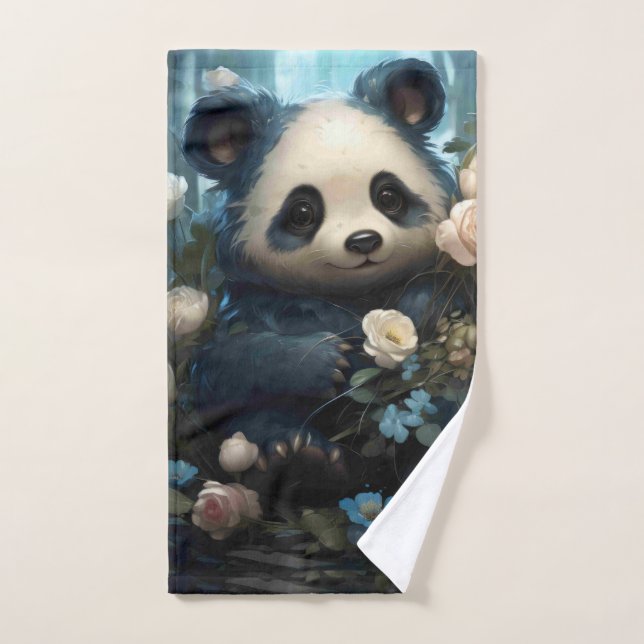 Gentle Panda Bear Among Jungle Roses Bath Towel Set (Hand Towel)